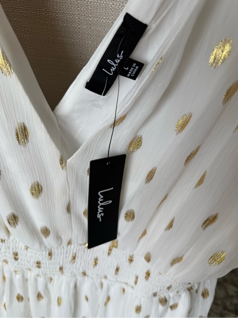 Lulu's Cause to Celebrate White and Gold Dot Ruffled Tiered Midi Dress - Picture 8 of 12